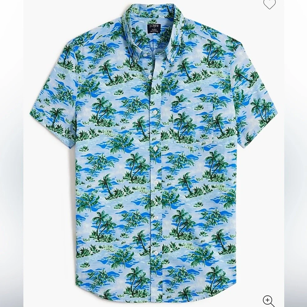 J Crew Printed short-sleeve slim flex casual shirt tropical blue L new